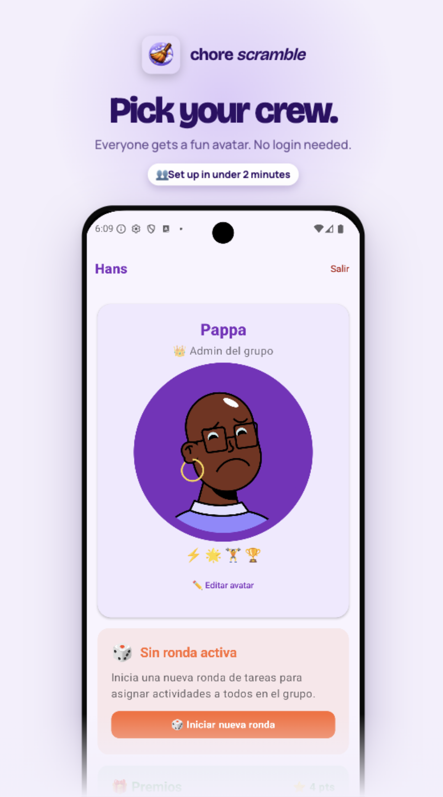 Chore Scramble — pick your crew. Everyone gets a fun avatar, no login needed.