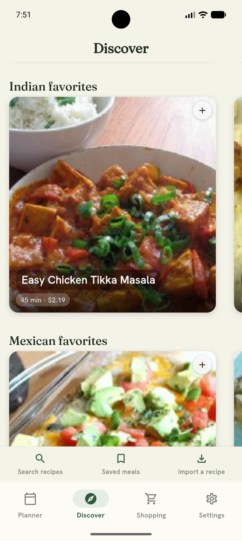 Meal Lineup's Discover screen — recipe cards by cuisine, each showing cook time and per-serving cost.