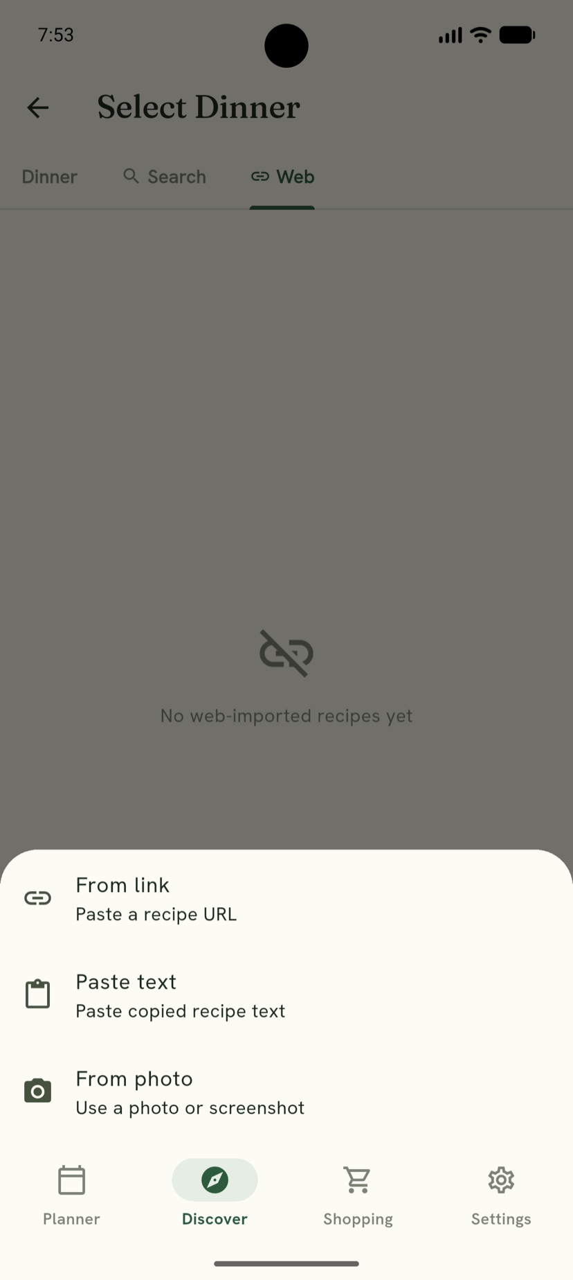 Import screen offering to add a recipe from a link, pasted text, or a photo.