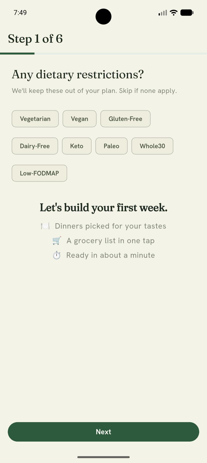 Onboarding step asking about dietary restrictions, with chips for vegetarian, vegan, gluten-free and more.