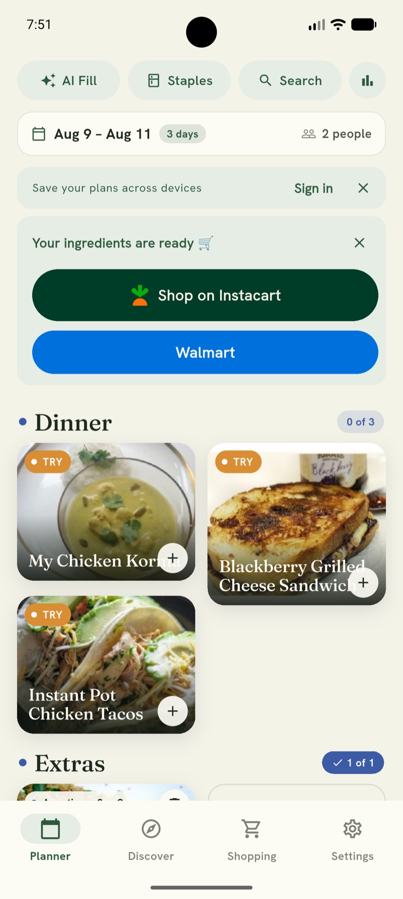 Meal Lineup's weekly planner — a few days of dinners with a one-tap grocery hand-off to Kroger, Walmart, or Instacart.
