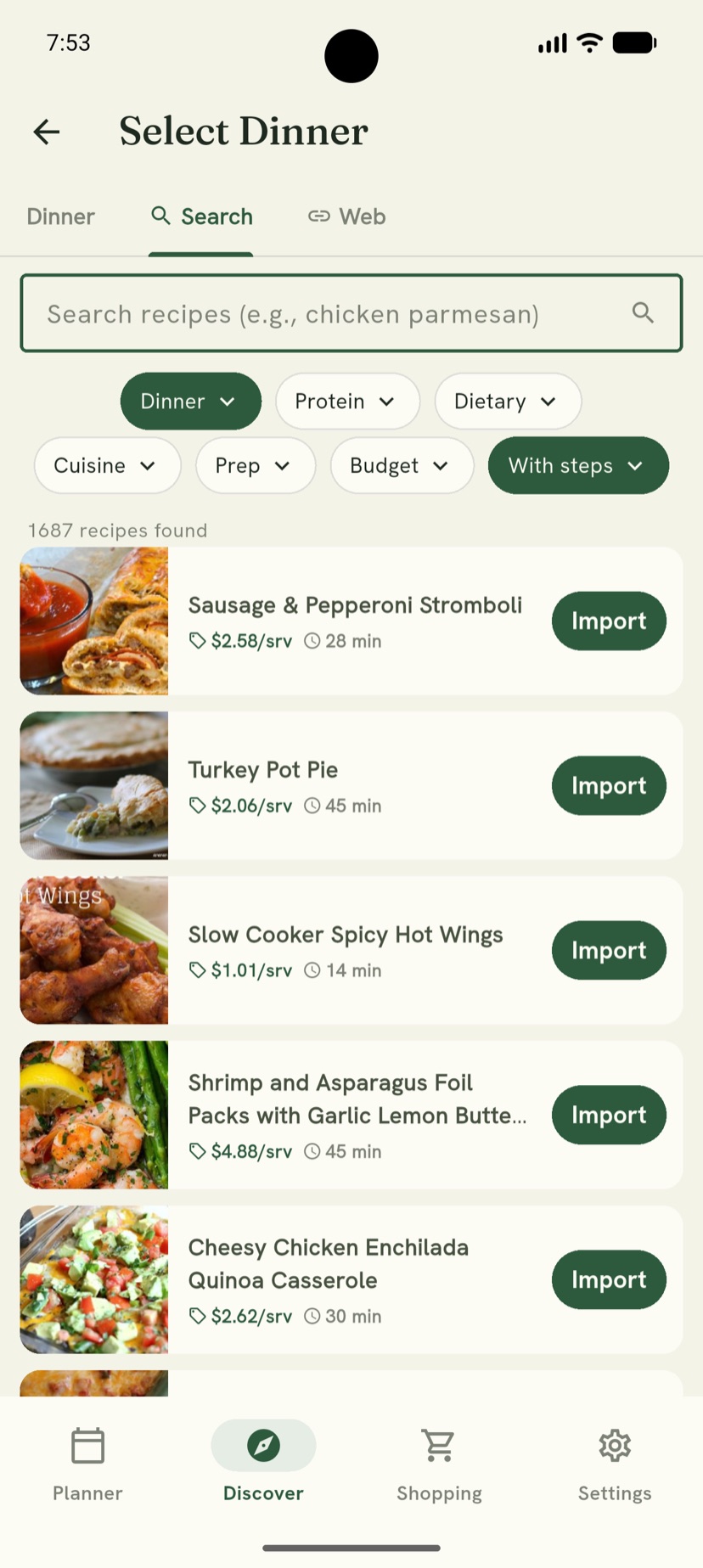 Recipe search results listing over 1,600 dinners with filters for protein, cuisine, prep, and budget.