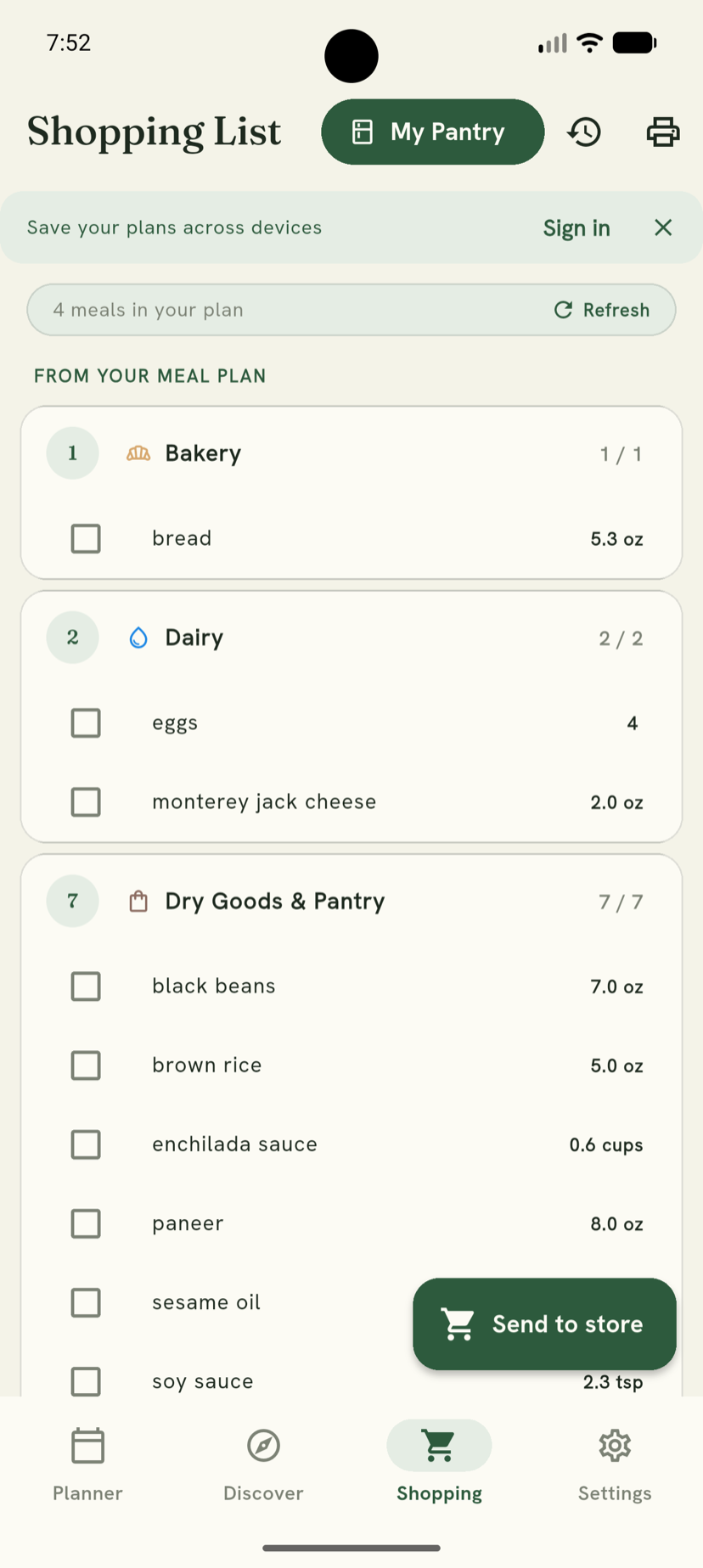 Shopping list grouped by aisle — Bakery, Dairy, Dry Goods — with a Send to store button.
