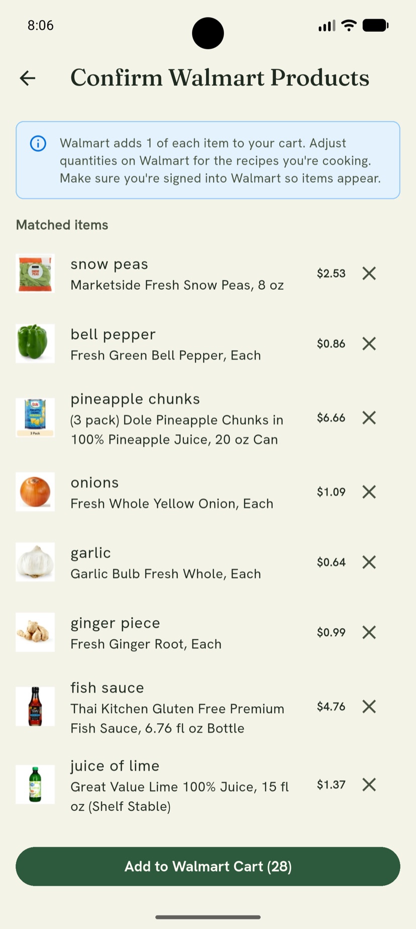 Confirm Walmart products screen with matched grocery items and prices, ready to add to cart.